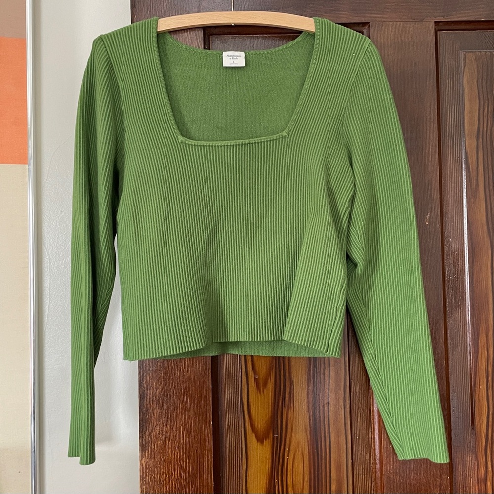 Abercrombie & Fitch Long Sleeve Square Neck Green Ottoman Top Size Large